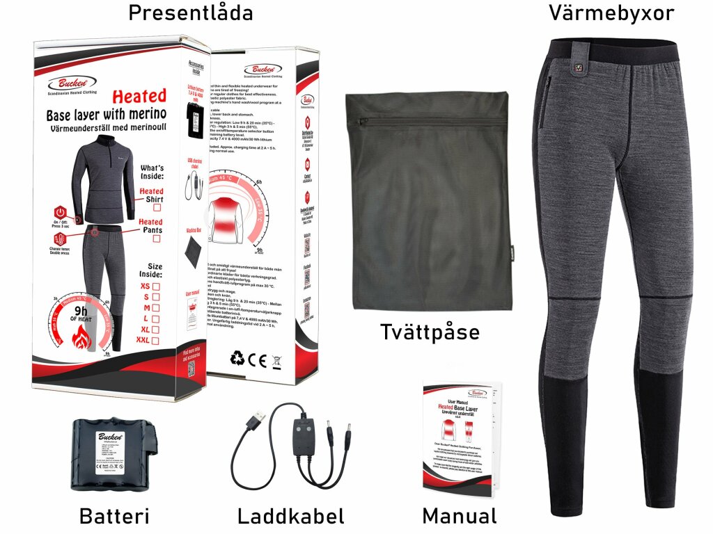 Uppvärmda långkalsonger med merinoull, batteri & USB-laddkabel från Bucken®   - 4