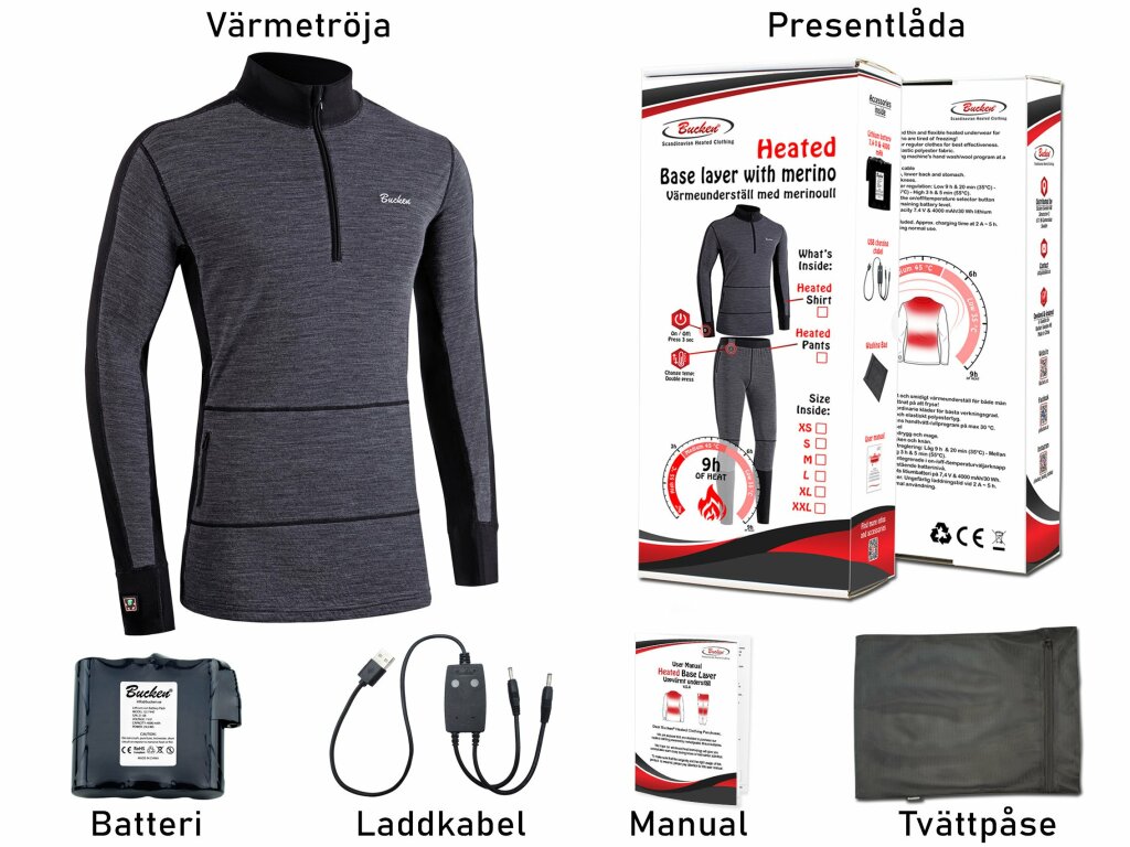 Uppvärmd underställströja med merinoull, batteri & USB-laddkabel från Bucken®   - 3