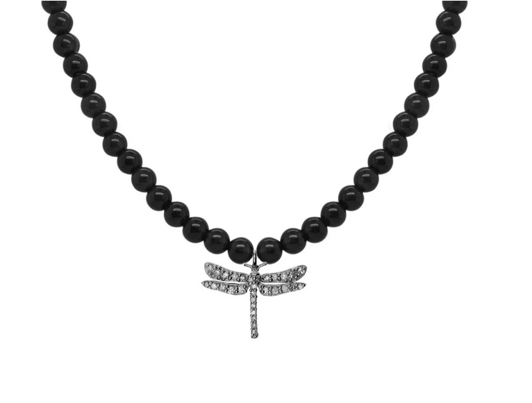 Black Onyx Diamond Dragonfly Necklace, Black
