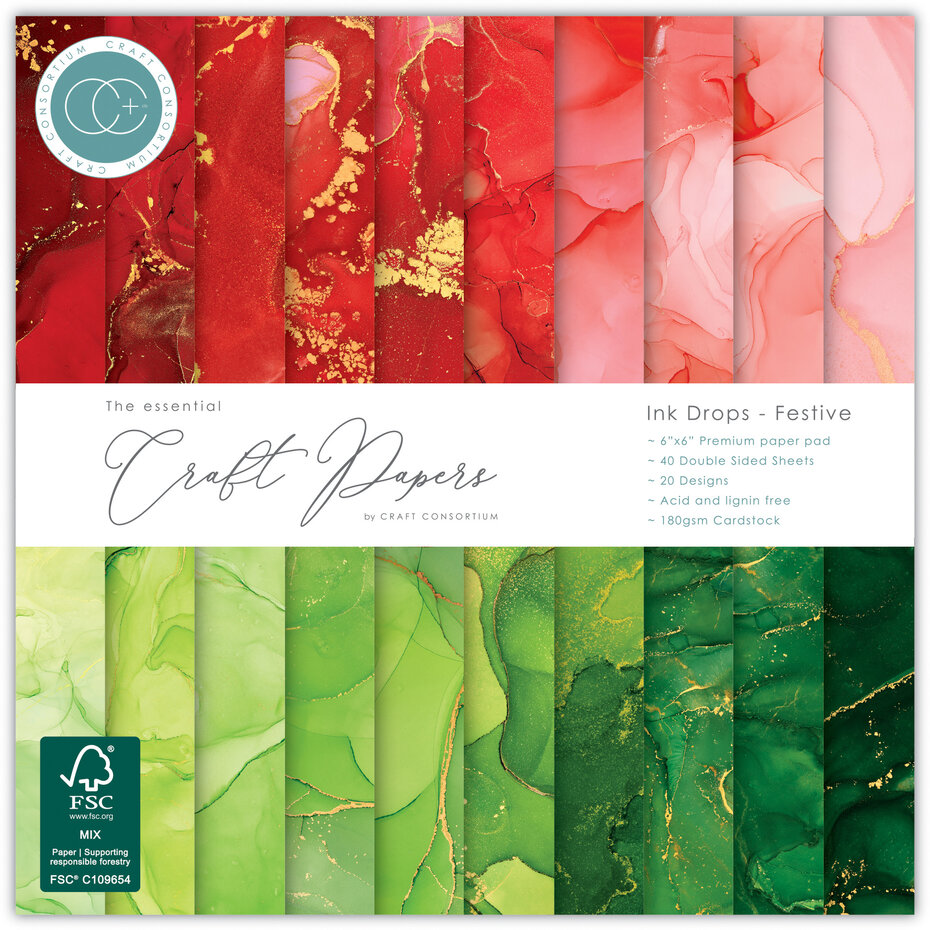 Ink Drops Festive, 6"x6" block, Essential Craft Papers,  Craft Consortium 