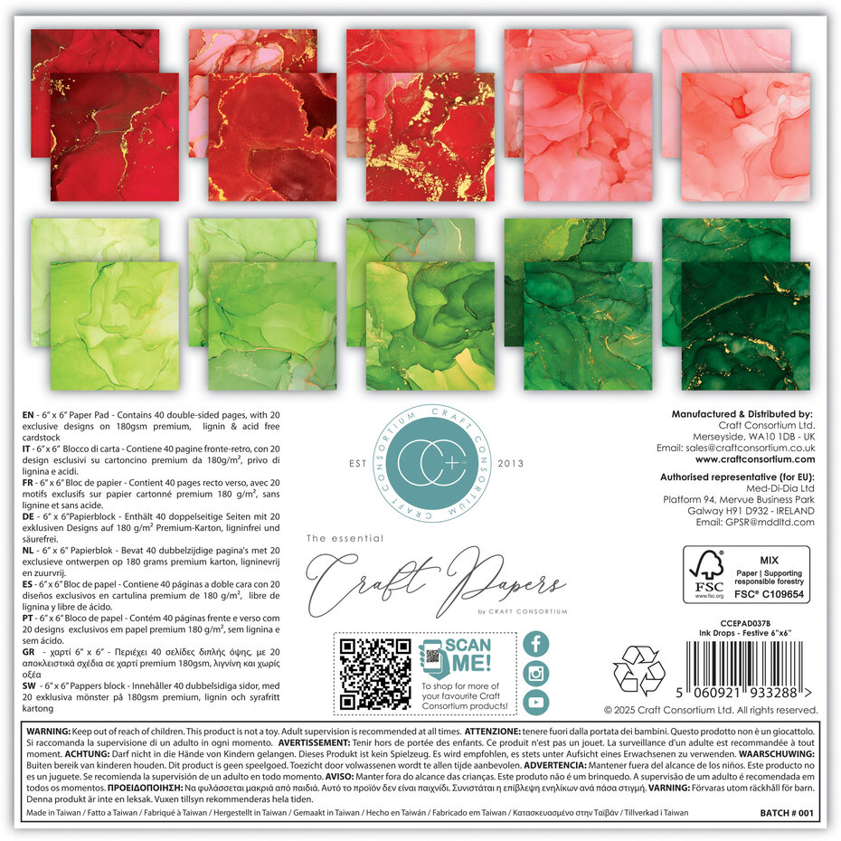 Ink Drops Festive, 6"x6" block, Essential Craft Papers,  Craft Consortium  - 2