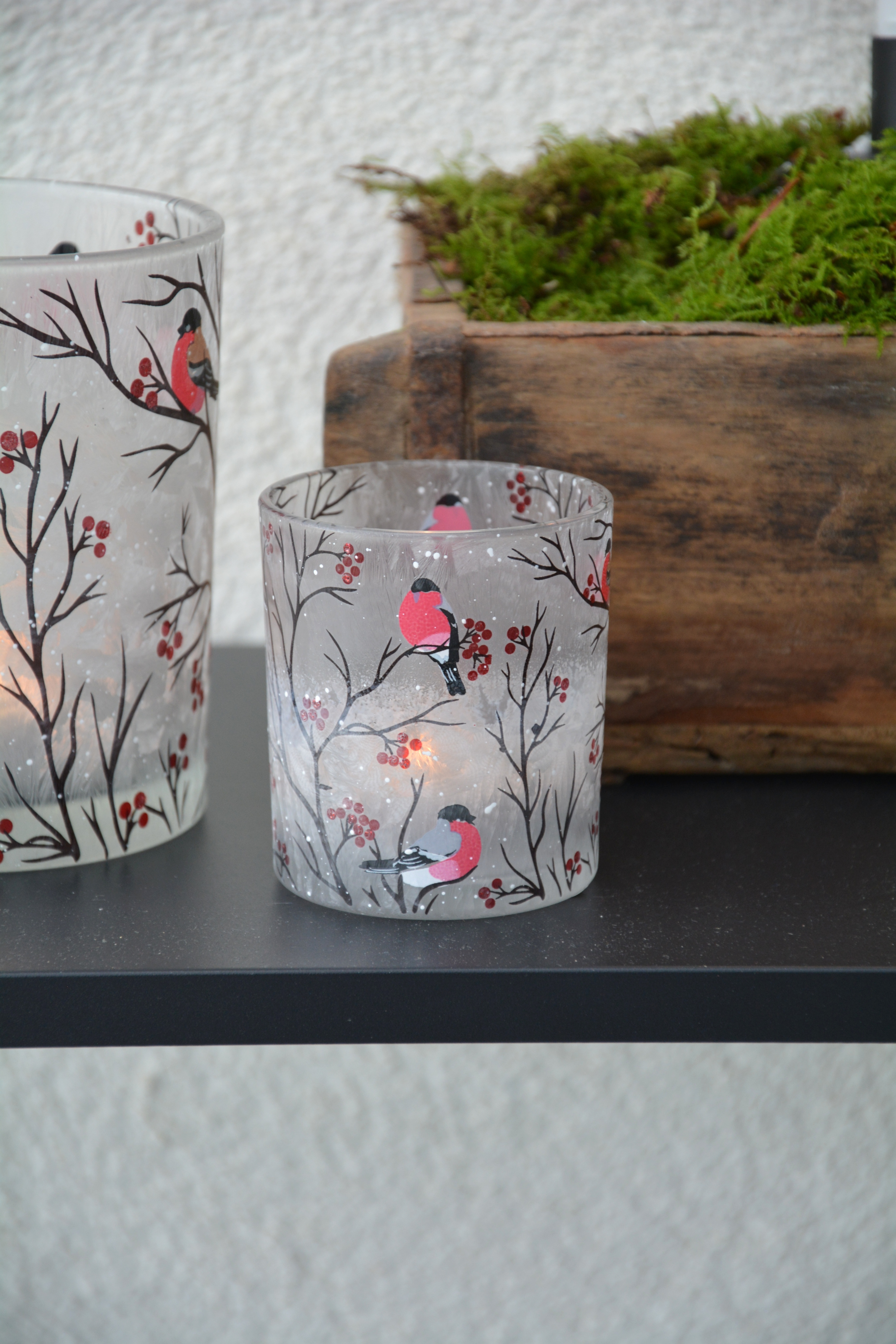 Ljuslykta i glas med domherrar 8 cm liten - 3