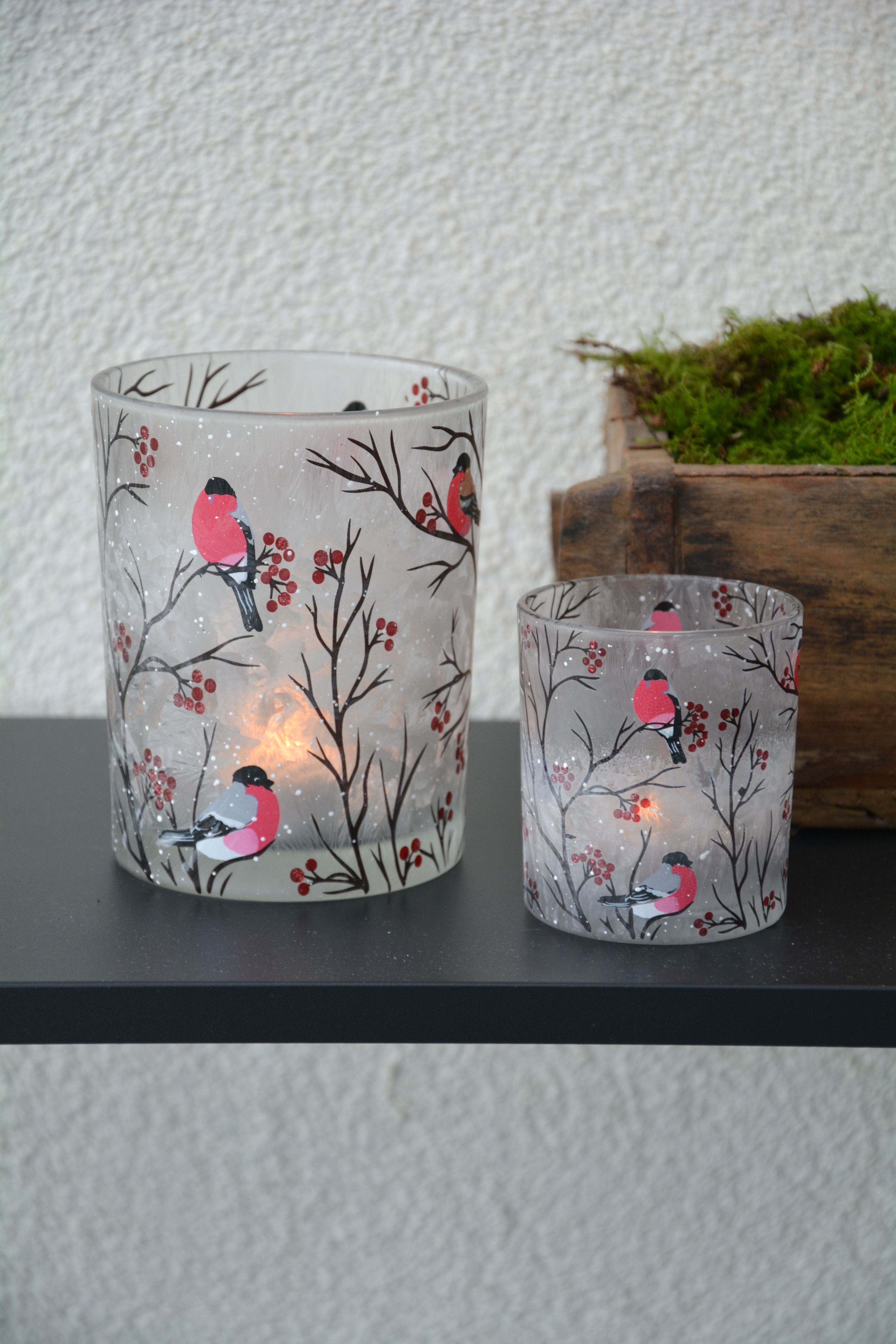 Ljuslykta i glas med domherrar 8 cm liten