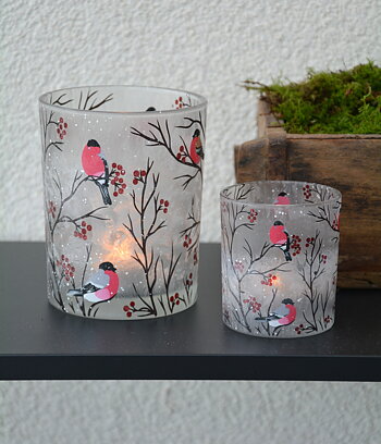 Ljuslykta i glas med domherrar 8 cm liten