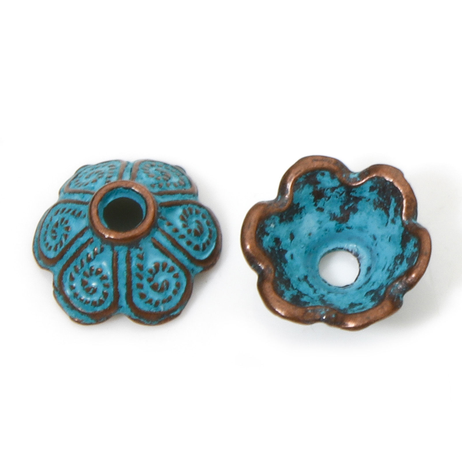 Bead Cap,  Flower swirl, patina copper