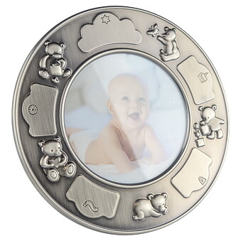 Photo frame Nallar round with baptism motif in pewter finish