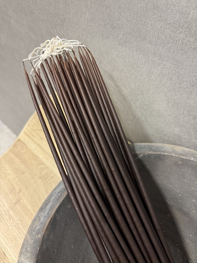 Hand-dipped thin long candles - Flower candles - Brown - 38 cm - 10-pack