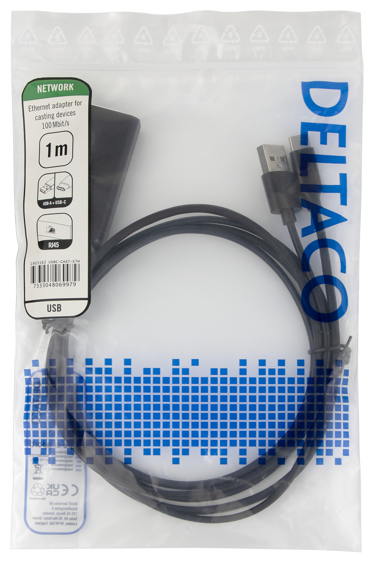 Deltaco Ethernet-adapter för casting-enheter, 1 m, 100 Mbps, USB-A + USB-C, svart - 4