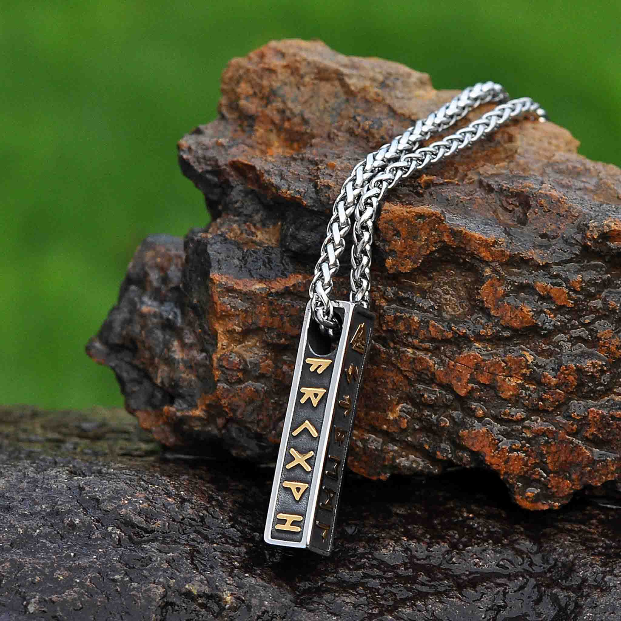 Viking Rune pendant in Nordic design and gold runes – Bar necklace Rune Totem side 4