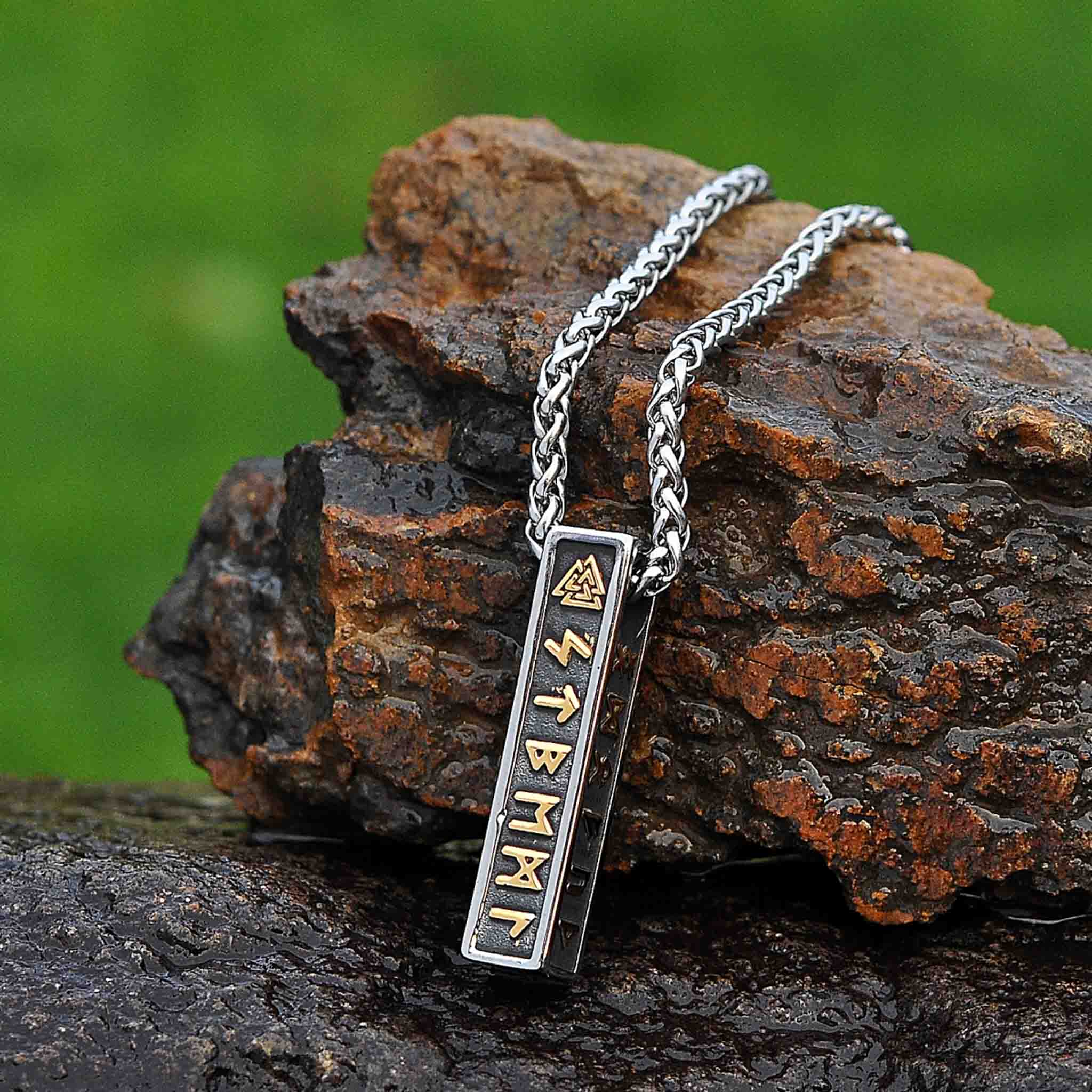 Viking Rune pendant in Nordic design and gold runes – Bar necklace Rune Totem side 2