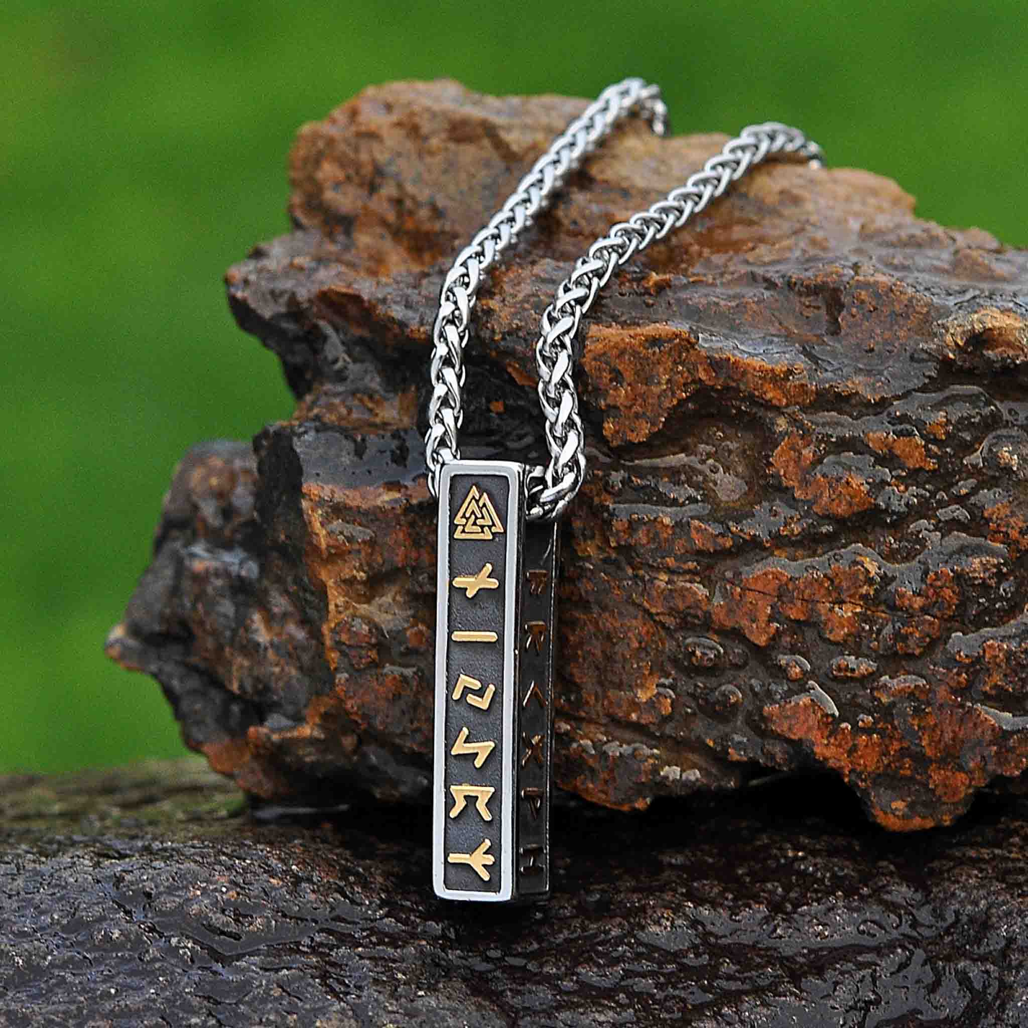 Viking Rune pendant in Nordic design and gold runes – Bar necklace Rune Totem side 1