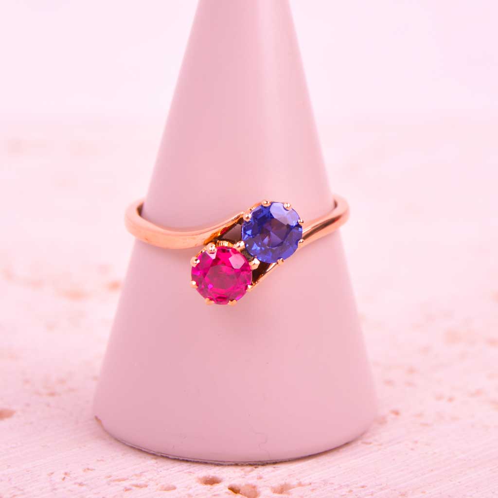 Sister ring in red gold with red &amp; blue stone Vintage - 5