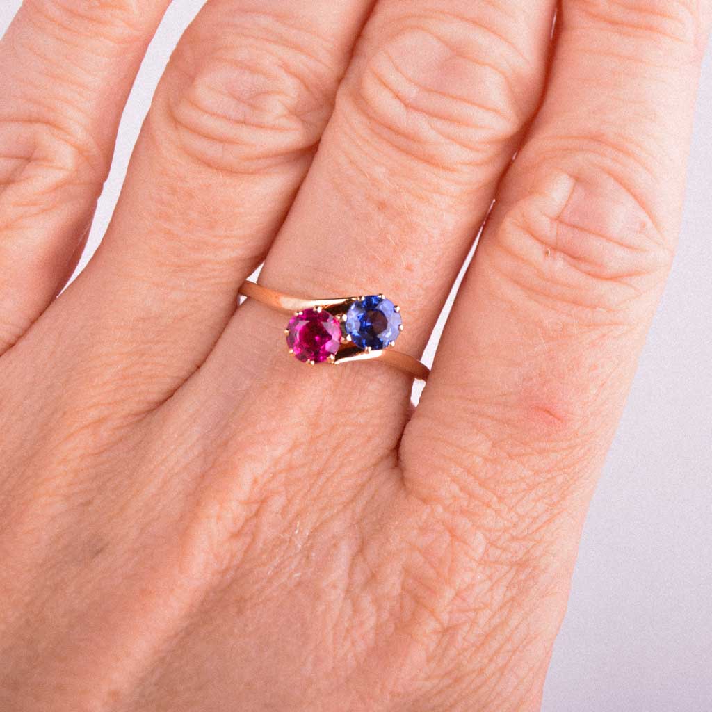 Sister ring in red gold with red &amp; blue stone Vintage - 4