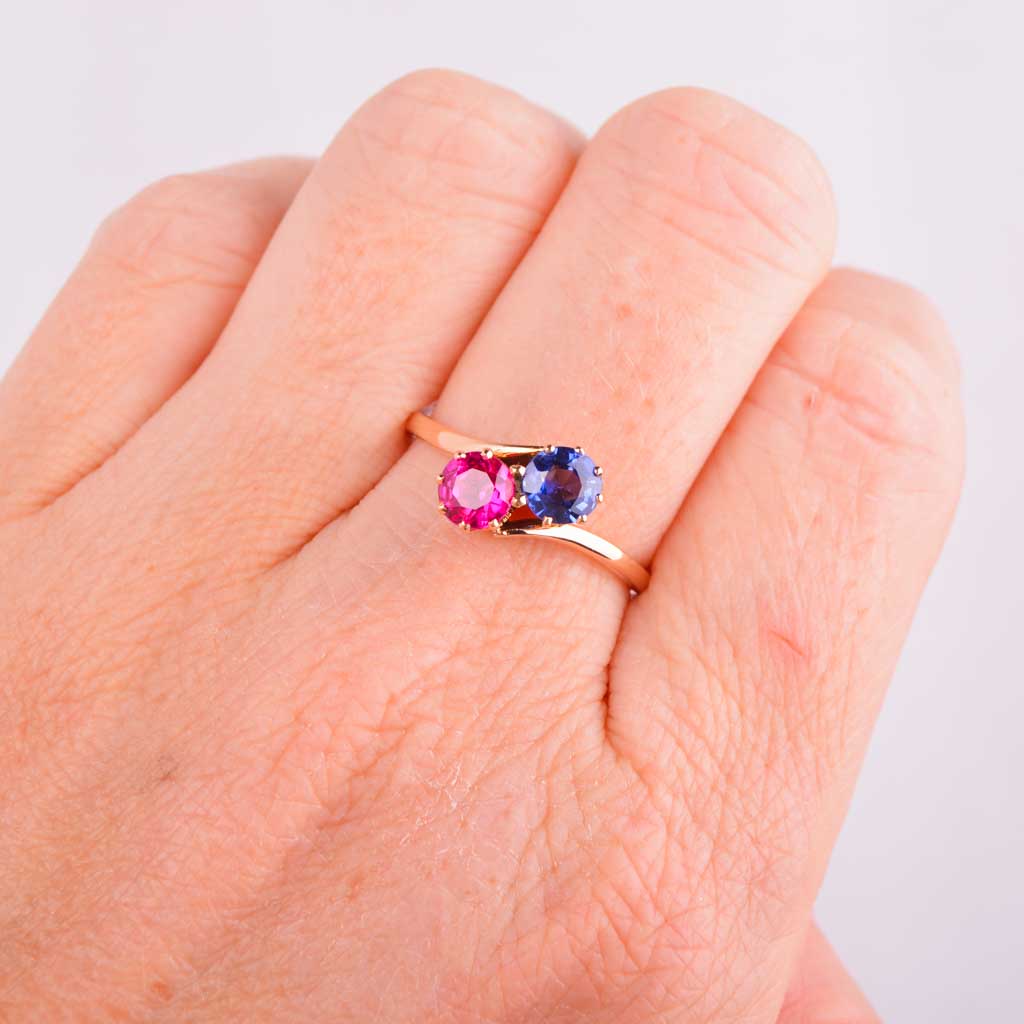 Sister ring in red gold with red &amp; blue stone Vintage - 2