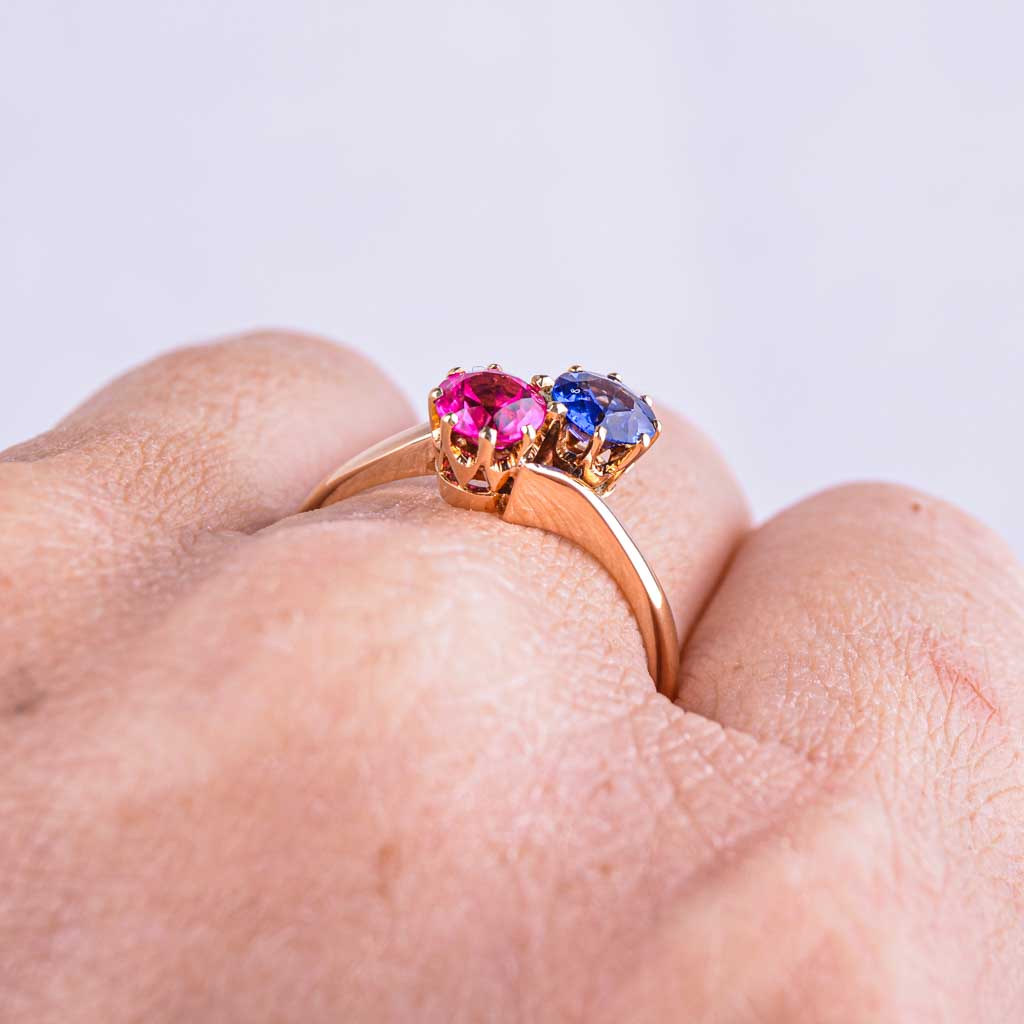 Sister ring in red gold with red &amp; blue stone Vintage - 3