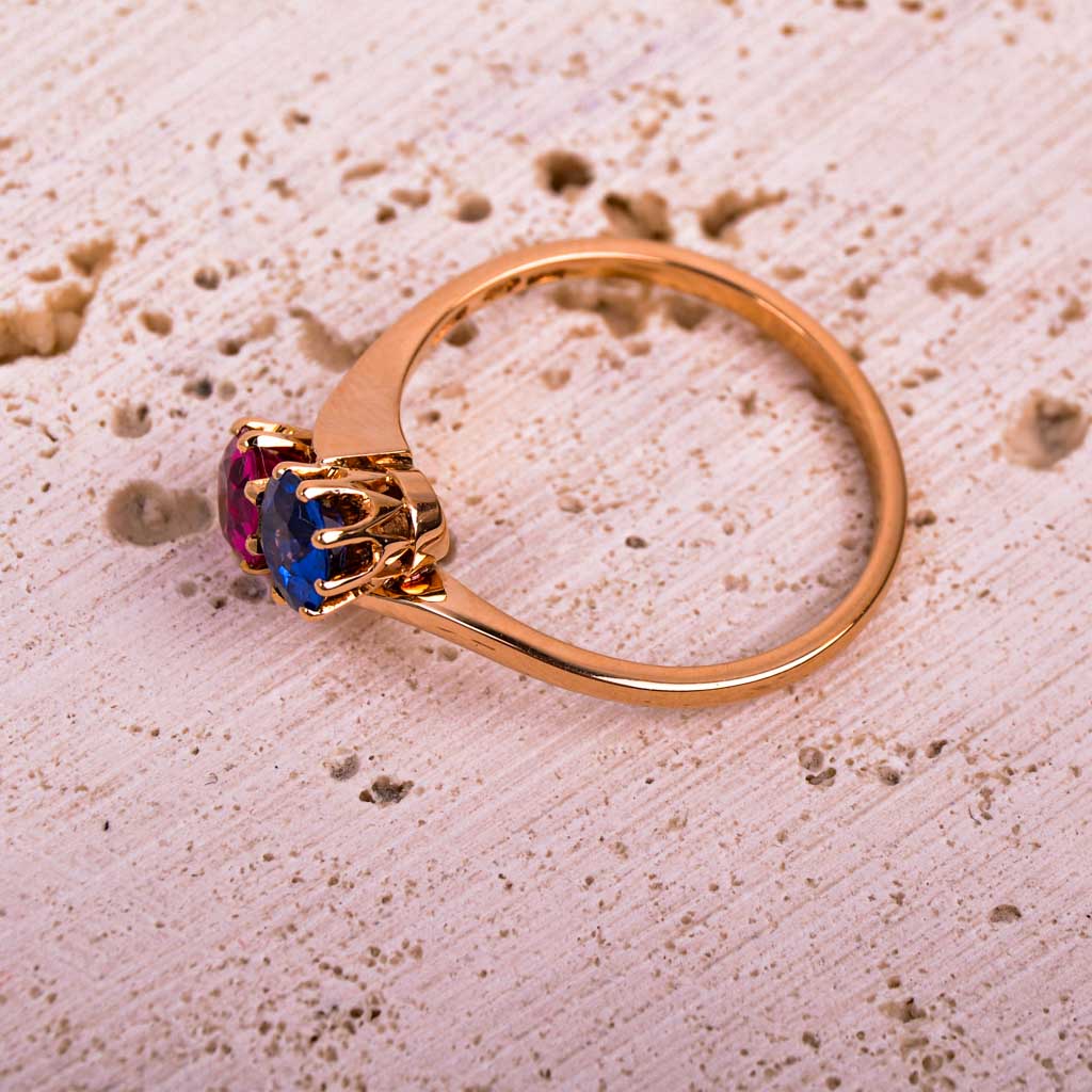 Sister ring in red gold with red &amp; blue stone Vintage - 6