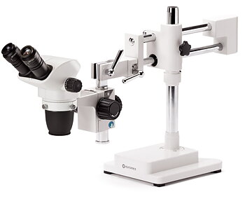 Stereomikroskop Nexius Zoom EVO Bino  6,5x till 55x zoom, pelarstativ, för abete direkt på bordet, fri rörlighet, obs. utan belysning.