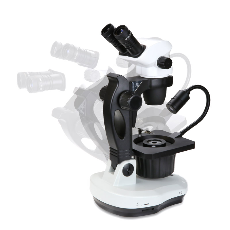 Stereomikroskop Nexius Zoom Geologi Bino, 6,7 till 45x zoom, lutbart med ljusfält och mörkfält, 30W 6V halogen, transmisionsbelysning, 1W LED överljus