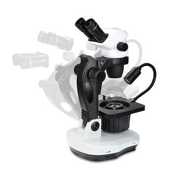 Stereomikroskop Nexius Zoom Geologi Bino, 6,7 till 45x zoom, lutbart med ljusfält och mörkfält, 30W 6V halogen, transmisionsbelysning, 1W LED överljus