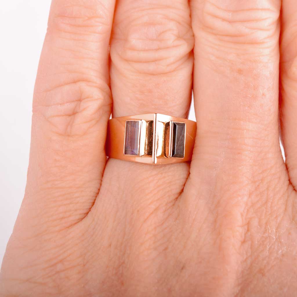 Kultainen sormus, jossa kaksi suorakulmaista kiveä 18k, Vintage - 2