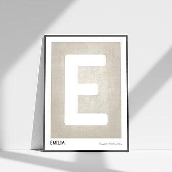 Poster med beige, texturerad bakgrund där barnets första bokstav står i fokus. Under initialen lägger jag även in namn, födelsedatum, tid, längd och vikt. Postern finns i storlekarna 30×40 cm och 50×70 cm.