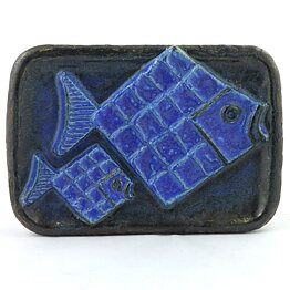 Willi Fischer (1960s) Blue Relief Wall Plaque with Two Fishes 26 cm (2)