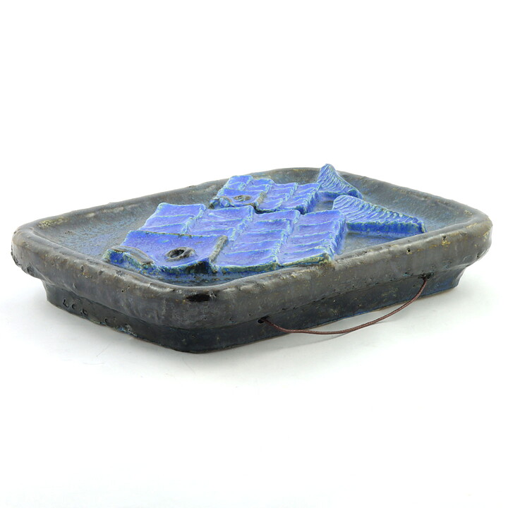 Willi Fischer (1960s) Blue Relief Wall Plaque with Two Fishes 26 cm (2)