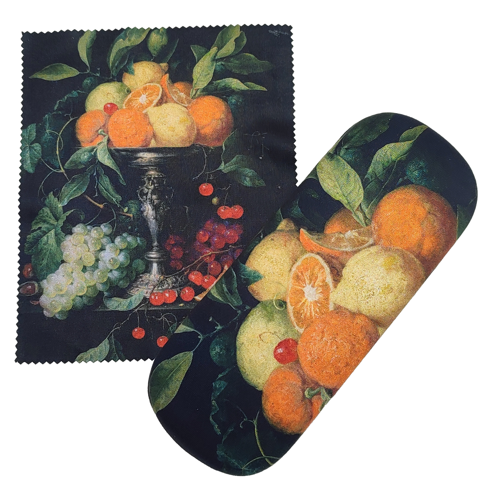 Glasögonfodral med putsduk, Stilleben med frukt