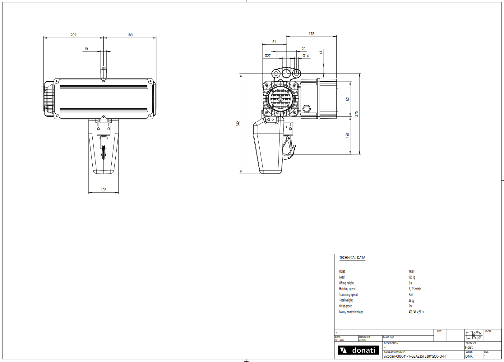Pelarsvängkran Donati inkl. kättingtelfer / Maxlast: 125 kg / 6 m armlängd - 3