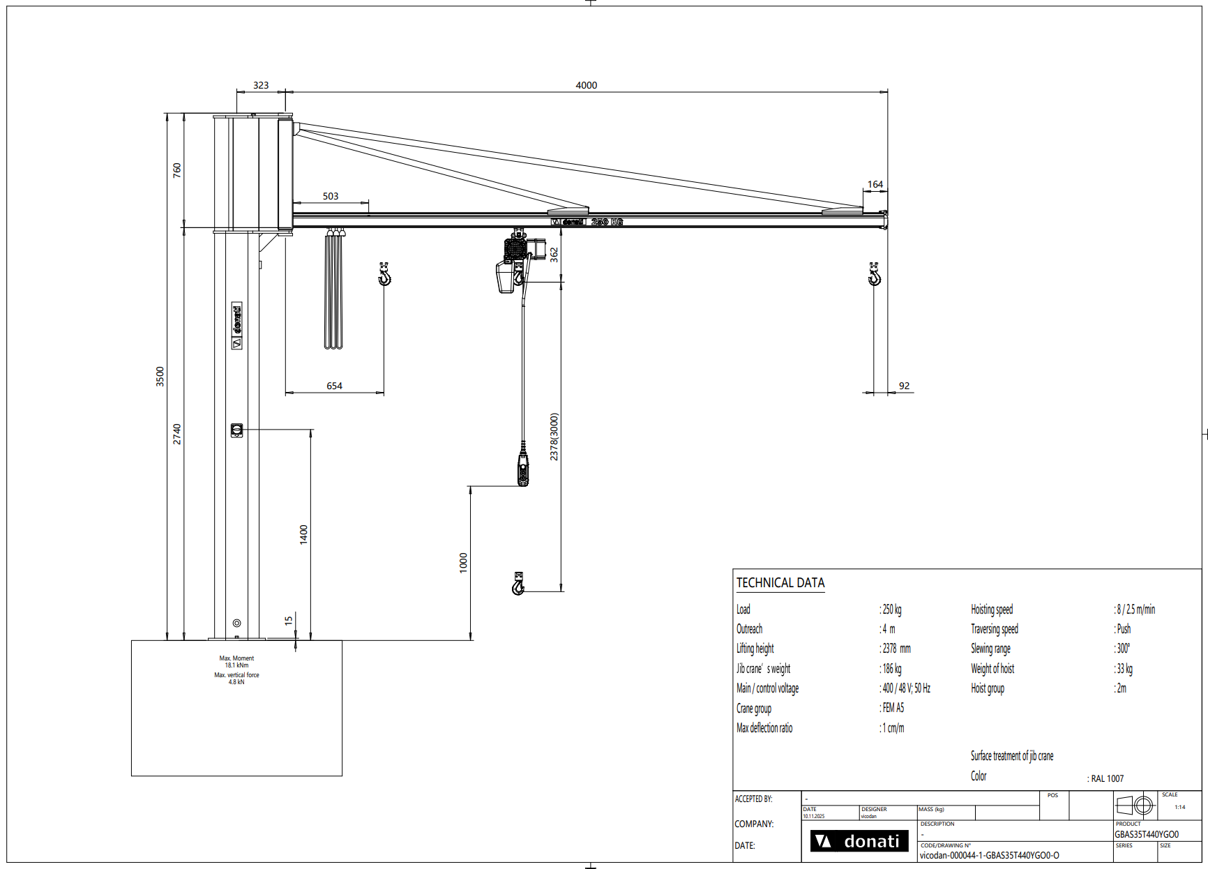 Pelarsvängkran Donati inkl. kättingtelfer / Maxlast: 250 kg / 4 m armlängd - 2