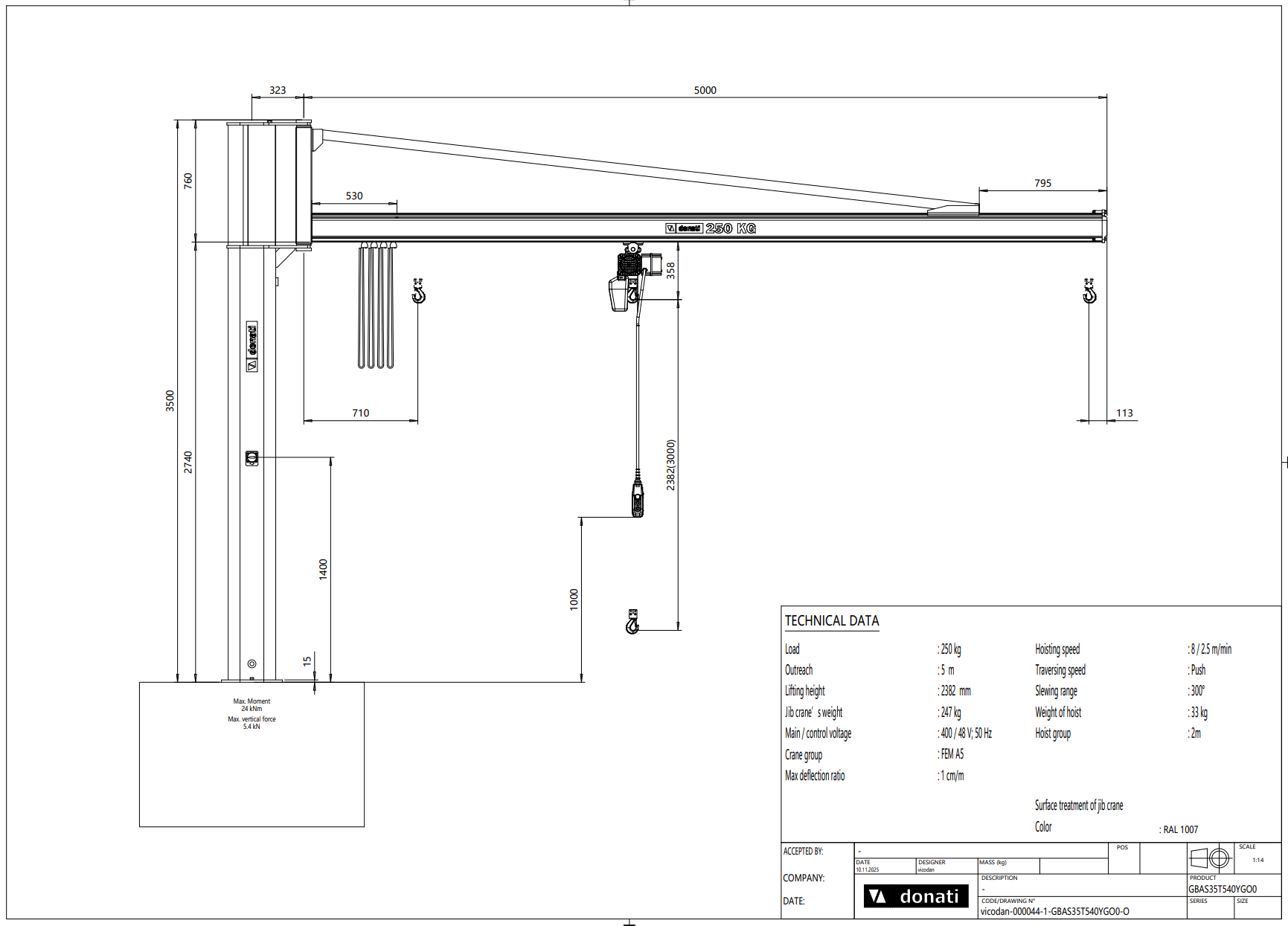 Pelarsvängkran Donati inkl. kättingtelfer / Maxlast: 250 kg / 5 m armlängd - 2