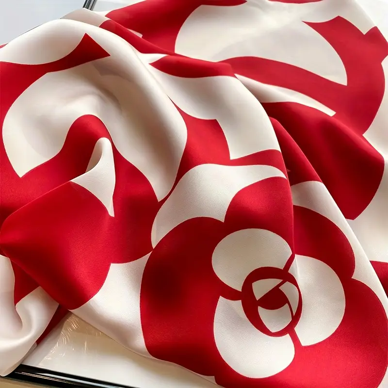 Satinscarf -Röd scarf med rosmönster- Fyrkant - 2