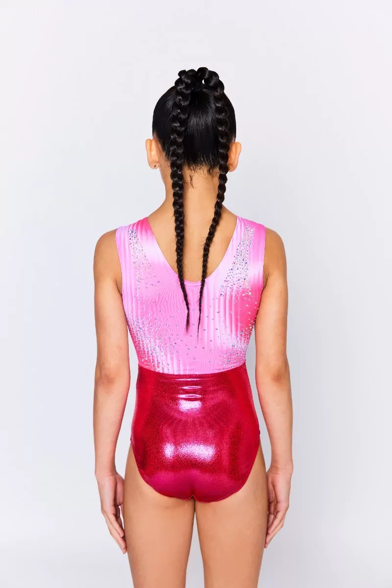 Spectra Sleeveless Leotard | Pink, Gymnastikdräkt utan ärm i sublimerat tyg med glasstenar - 2