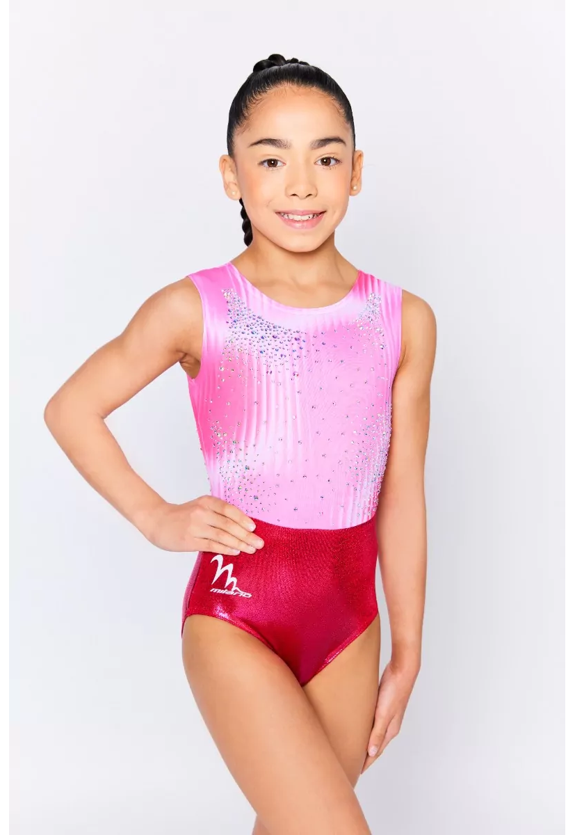 Spectra Sleeveless Leotard | Pink, Gymnastikdräkt utan ärm i sublimerat tyg med glasstenar