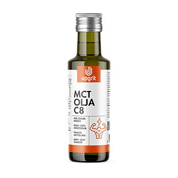 En mörk liten glasflaska med en vit och orange etikett med texten MCT OLJA C8