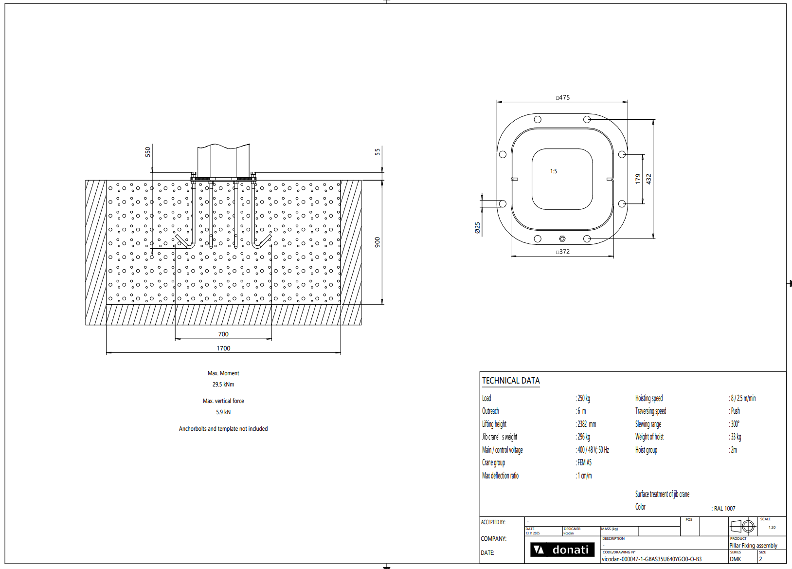 Pelarsvängkran Donati inkl. kättingtelfer / Maxlast: 250 kg / 6 m armlängd - 4