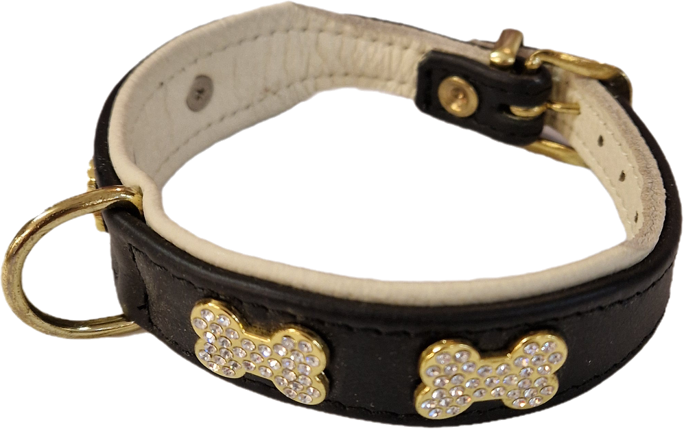Läderhalsband med bling svart, 24-29cm