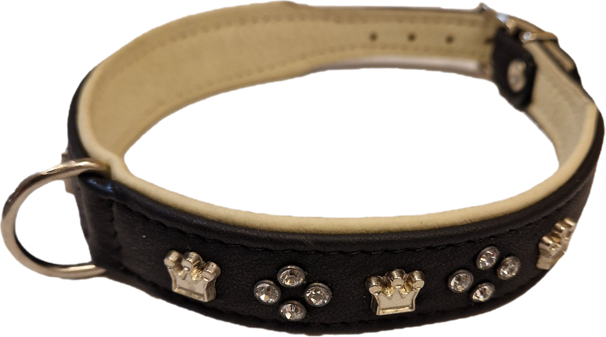 Läderhalsband med bling svart, 34-39cm
