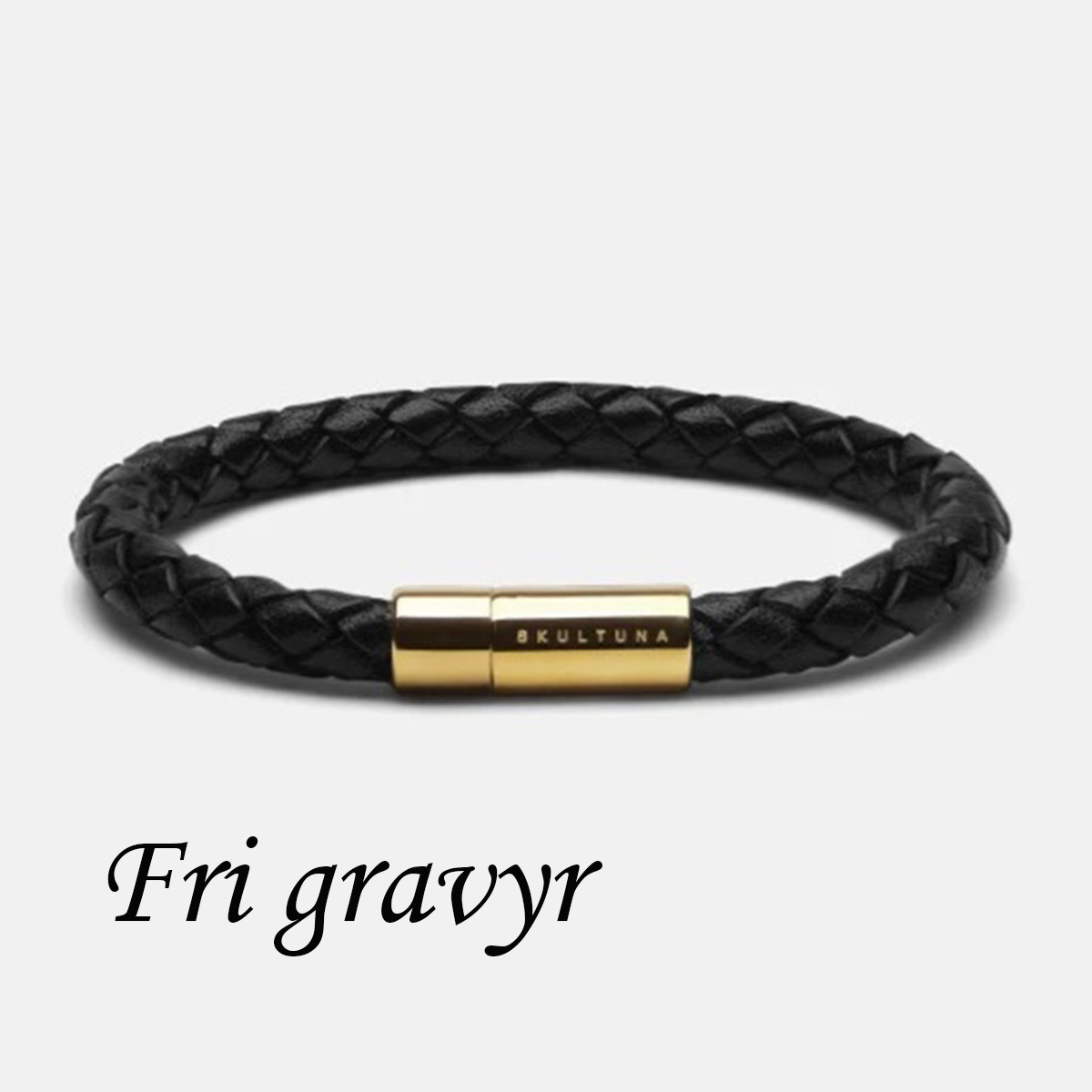 LÄDERARMBAND SVART/GULD 6MM STÅL SMALL fri gravyr
