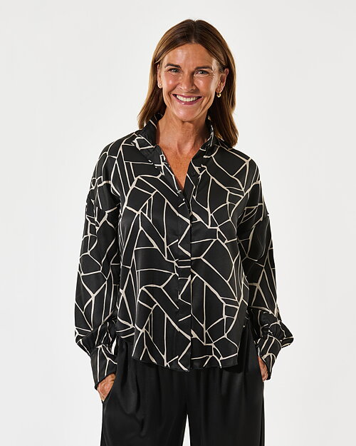 Sidenblus Elka mönstrad svart/offwhite