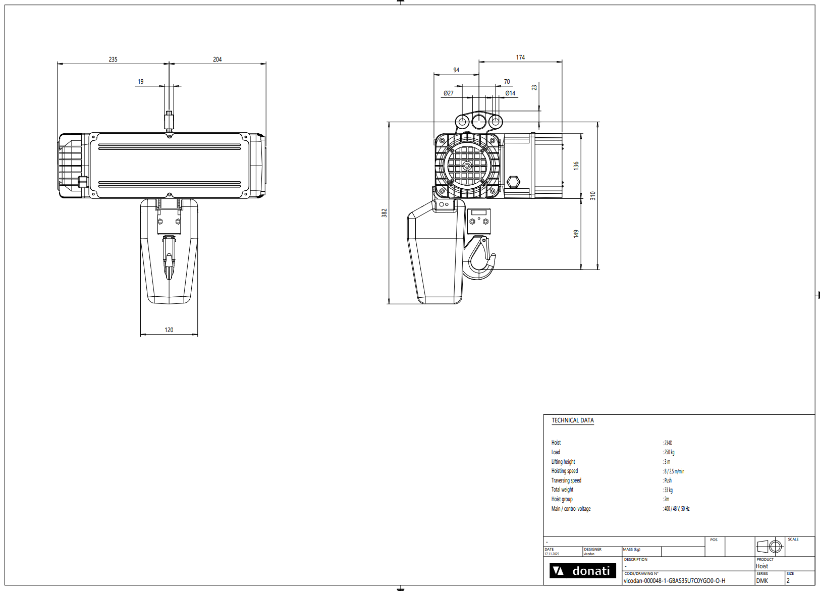 Pelarsvängkran Donati inkl. kättingtelfer / Maxlast: 250 kg / 7 m armlängd - 3