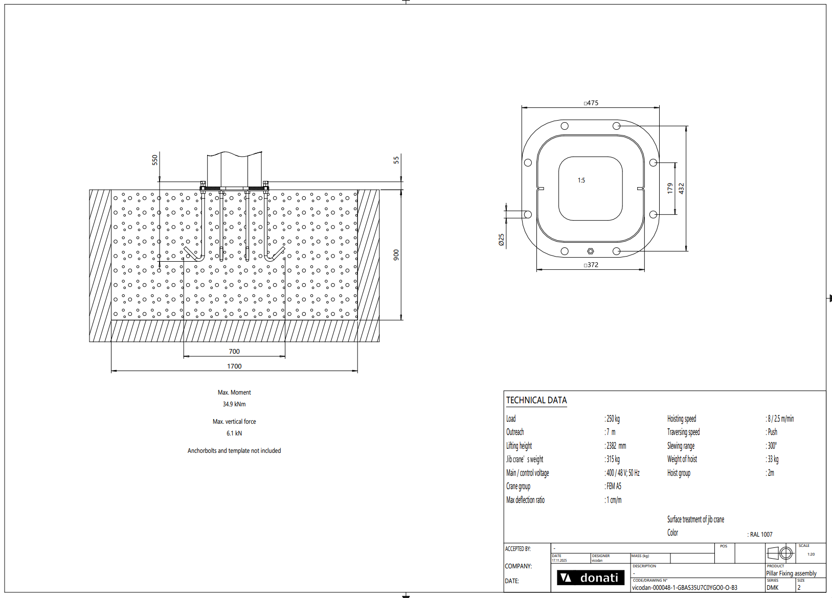 Pelarsvängkran Donati inkl. kättingtelfer / Maxlast: 250 kg / 7 m armlängd - 4