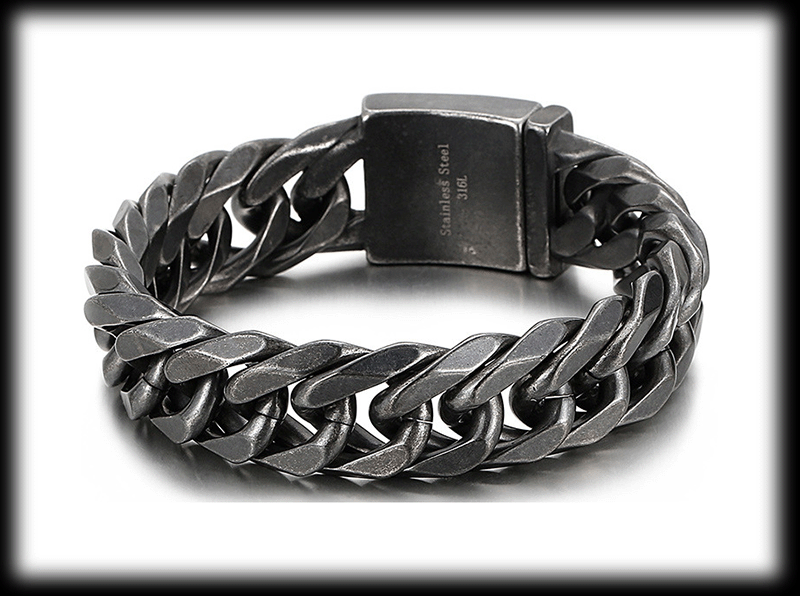 19 mm. Pansarlänk armband i grått stål.