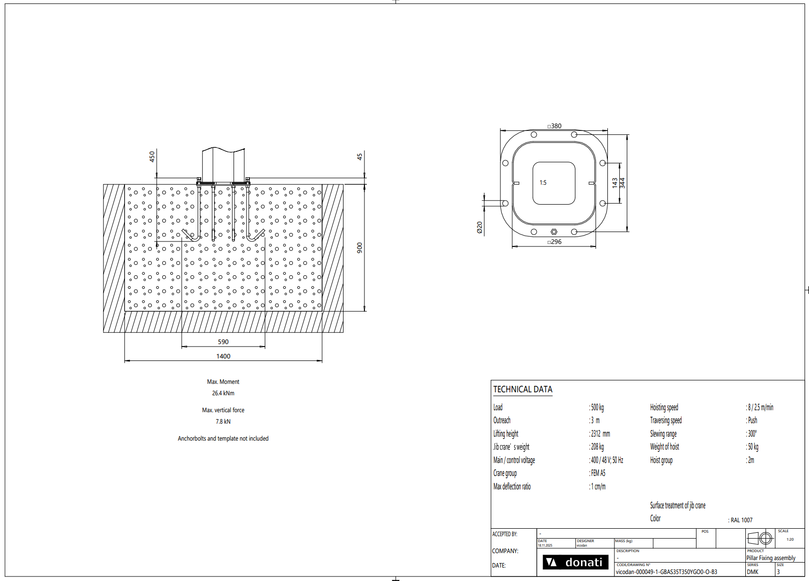 Pelarsvängkran Donati inkl. kättingtelfer / Maxlast: 500 kg / 3 m armlängd - 4