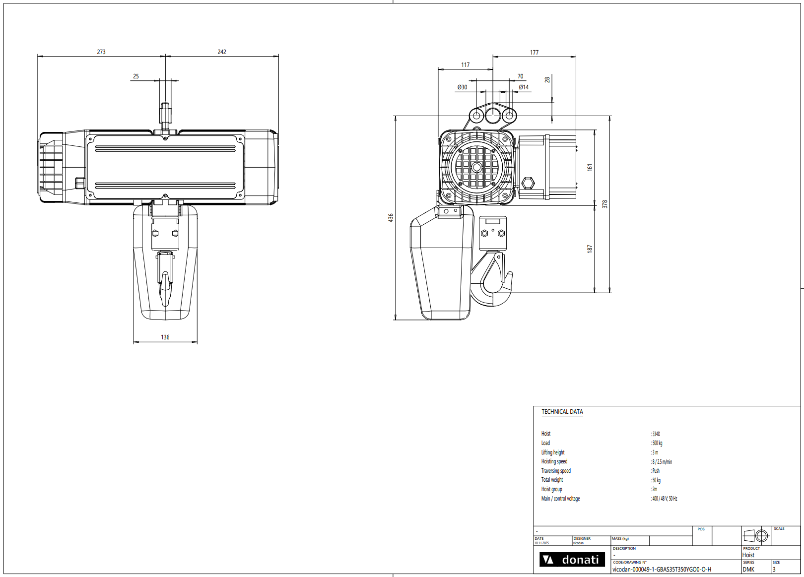 Pelarsvängkran Donati inkl. kättingtelfer / Maxlast: 500 kg / 3 m armlängd - 3