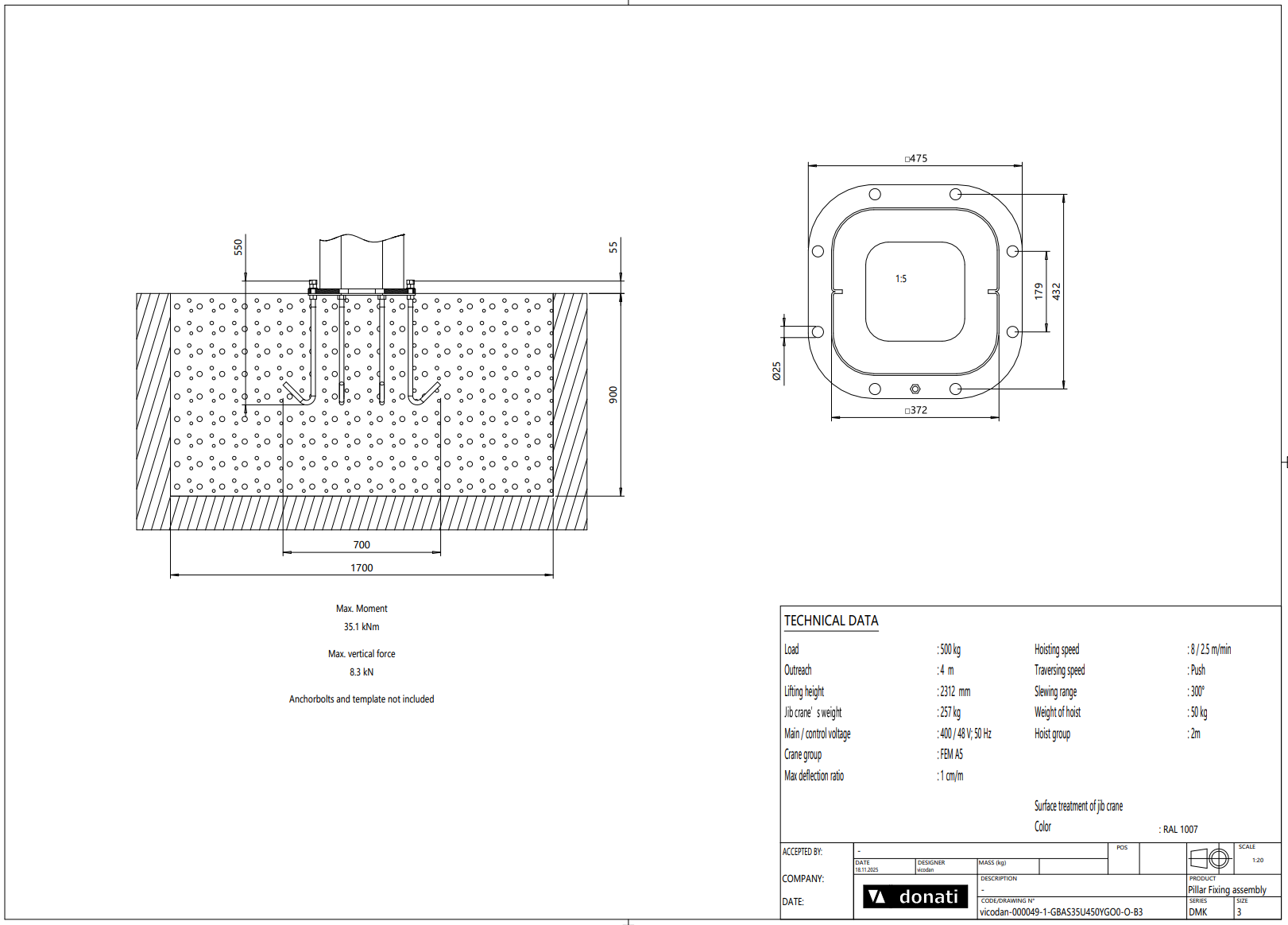Pelarsvängkran Donati inkl. kättingtelfer / Maxlast: 500 kg / 4 m armlängd - 4