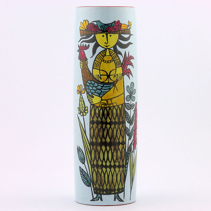 Stig Lindberg (Karneval 1958) Cylinder Vase with Woman and Rooster Decor 20 cm (2)