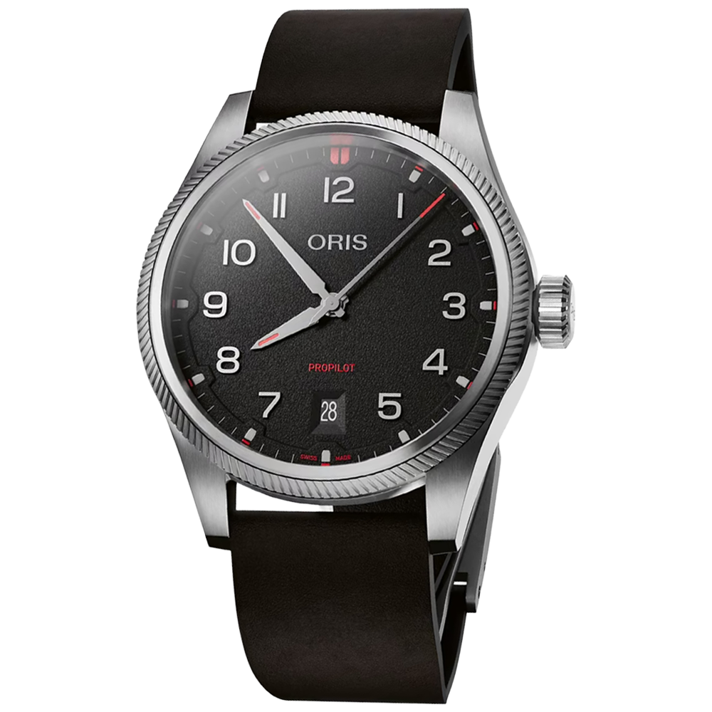 01 733 7805 4164-07 6 20 14LC Oris ProPilot Date 41 svart, läder