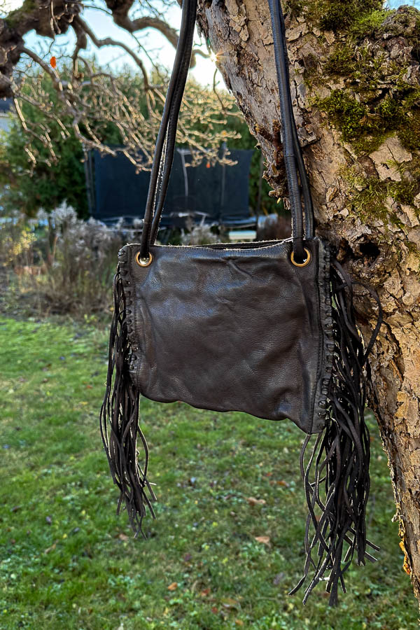 Unmade - Leather Fringe & braid Crossbody Bag Black