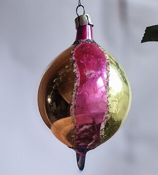 Christmas tree ball glass vintage gold colored with pink and turquoise